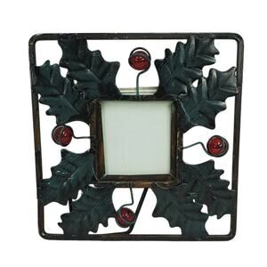 Vintage Christmas Metal Picture Frame Holly Berry Decor 3x3 Opening